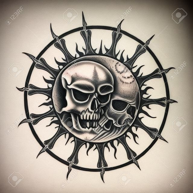 Soleil et la lune crâne tattoo.Hand dessin au crayon sur le papier.
