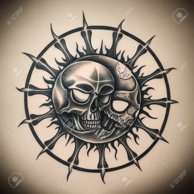 Soleil et la lune crâne tattoo.Hand dessin au crayon sur le papier.
