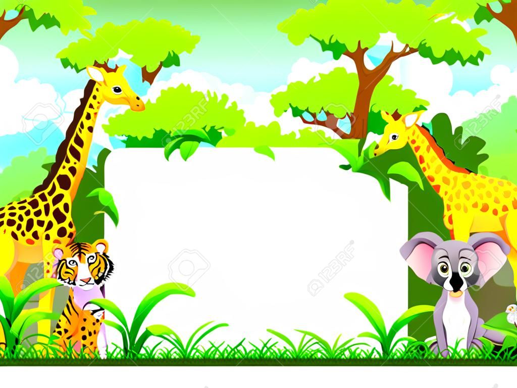 simpatico cartone animato animale con il segno in bianco e sfondo foresta tropicale