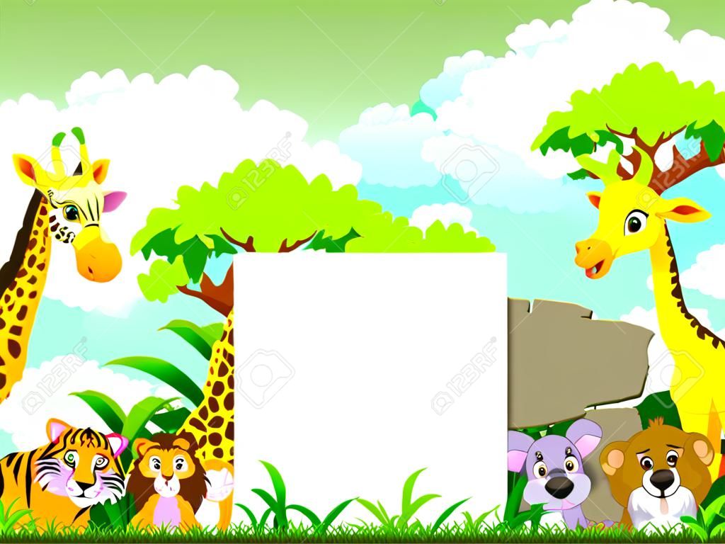 schattig dier cartoon met blanco bord en tropische bos achtergrond