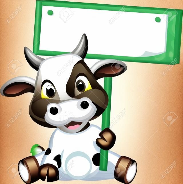 Boş tahta ile sevimli inek karikatür