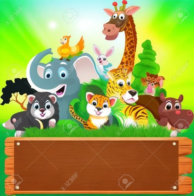 Boş tahta ve tropikal orman arka plan ile sevimli hayvan karikatür koleksiyonu