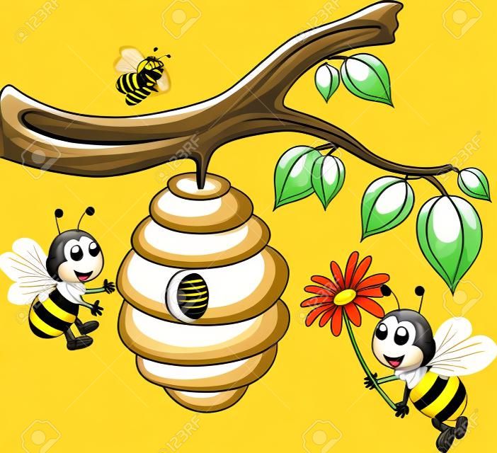 꿀벌 만화 지주 꽃과 벌집
