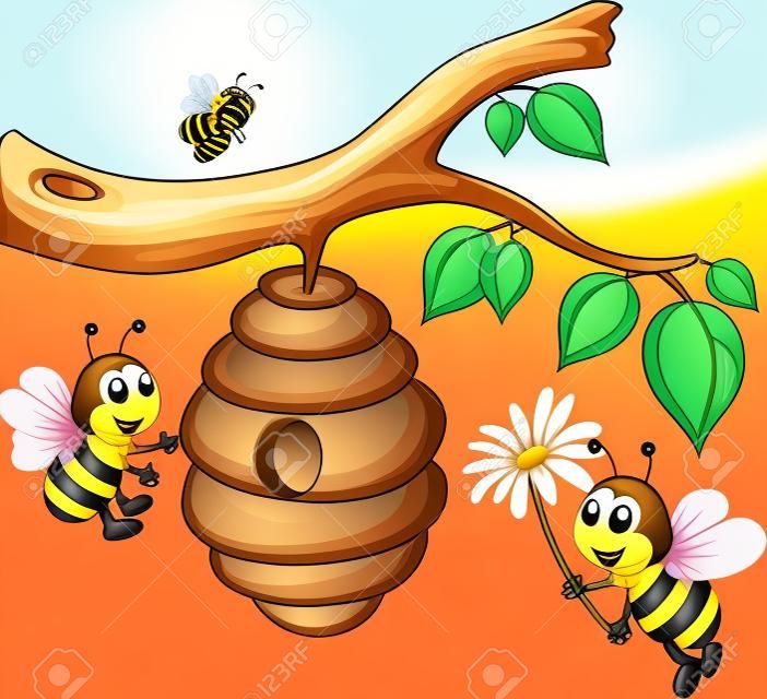 꿀벌 만화 지주 꽃과 벌집