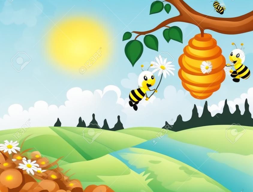 蜜蜂卡通手捧花和一个有森林背景的蜂箱