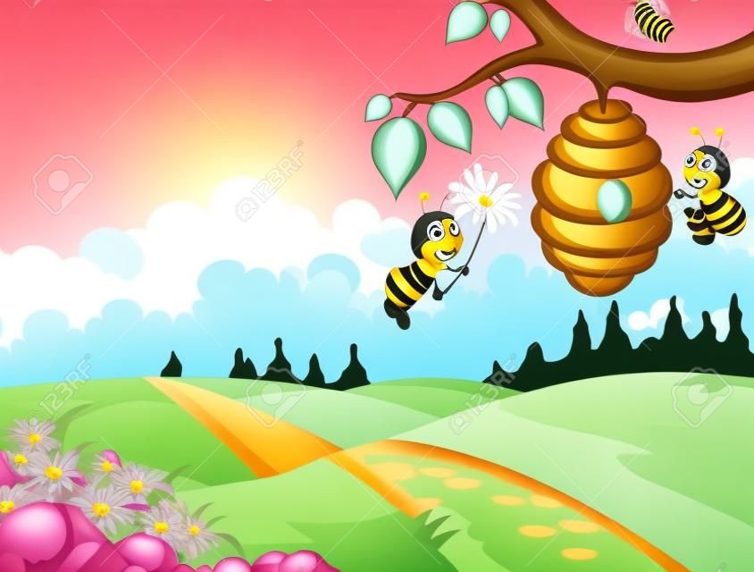 꿀벌 만화 들고 꽃과 숲 배경으로 벌집