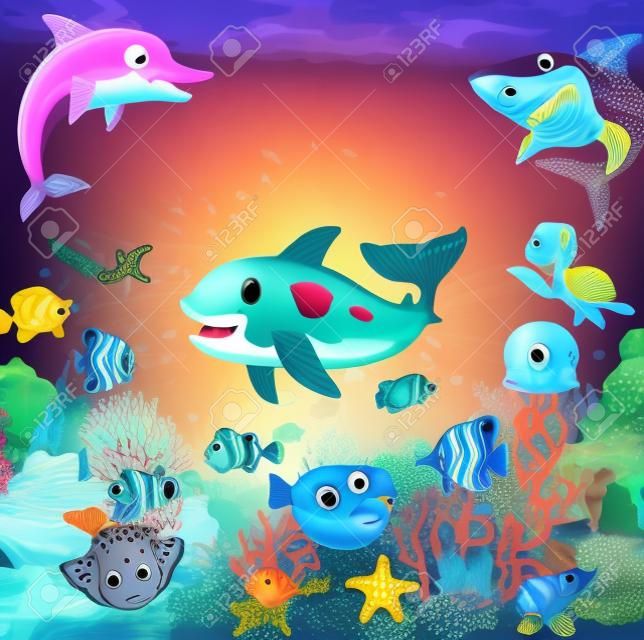 funny fish cartoon with sea life background