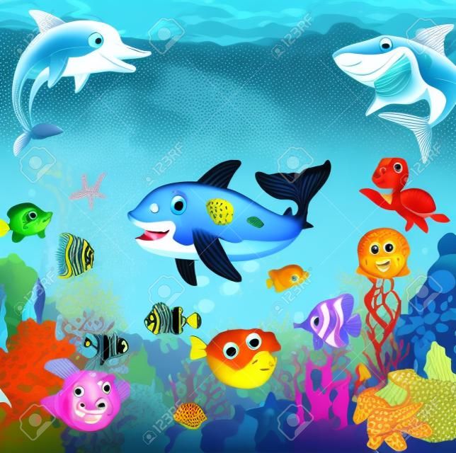 funny fish cartoon with sea life background