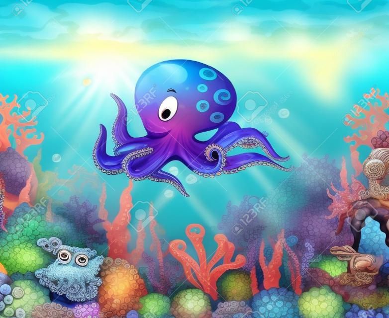 забавный мультфильм осьминог с морской жизнью красоты фоном
