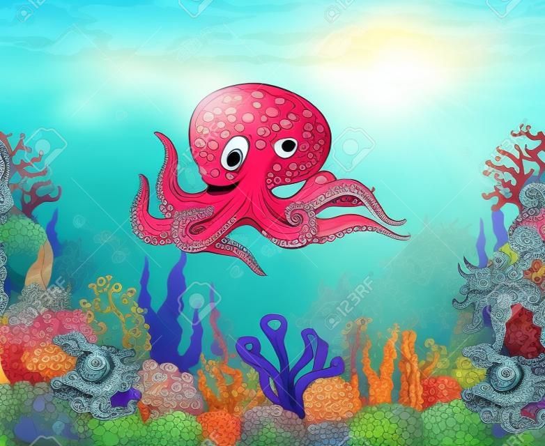 забавный мультфильм осьминог с морской жизнью красоты фоном