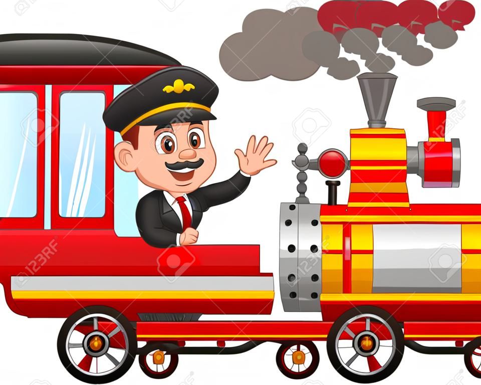 przystojny kreskówka maszynista w górę pociąg z machaniem i uśmiechem