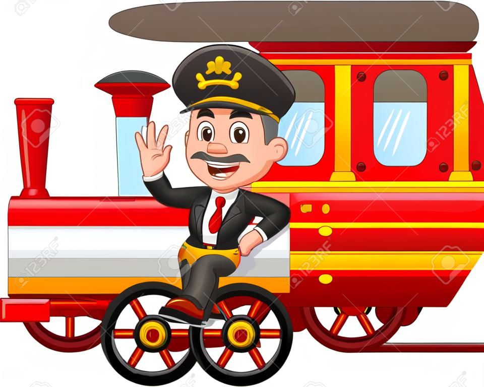 handsome machinist cartoon up train with waving and smile