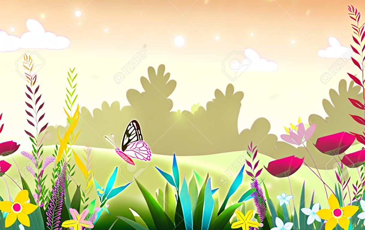 beautiful landscape scene with flowers and plant background