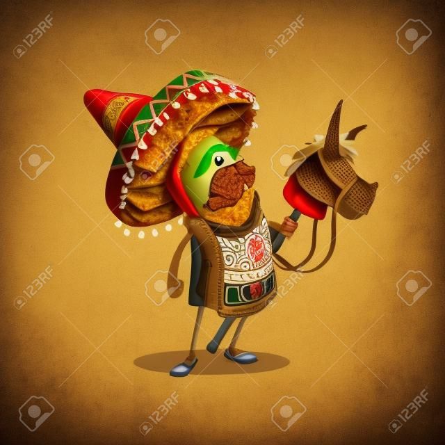 funny character based on the burrito, a typical Mexican food meal accompanied by a burrito and a typical Mexican hat, with a chili on the chest