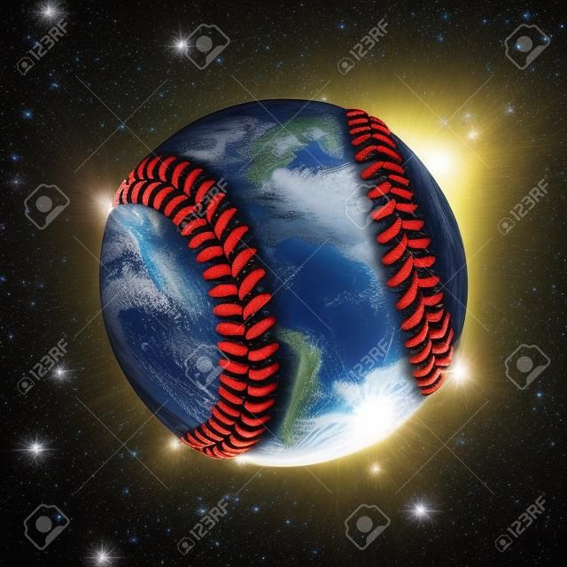 Ilustración 3D del planeta tierra como una pelota de béisbol con estrellas en el fondo.
