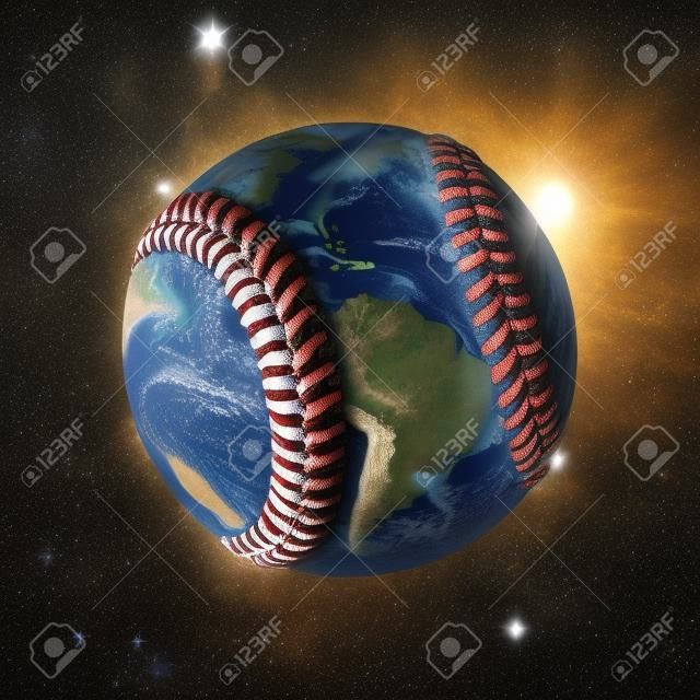 Ilustración 3D del planeta tierra como una pelota de béisbol con estrellas en el fondo.