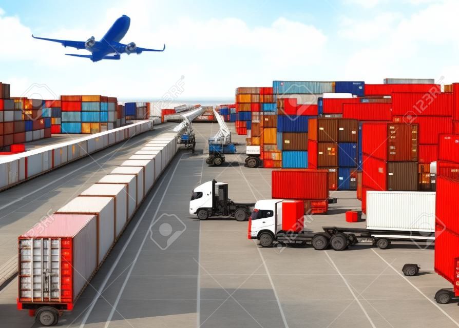 Geschäftslogistikkonzept, Flugzeug, LKW und Zug für logistischen Import-Exporthintergrund.