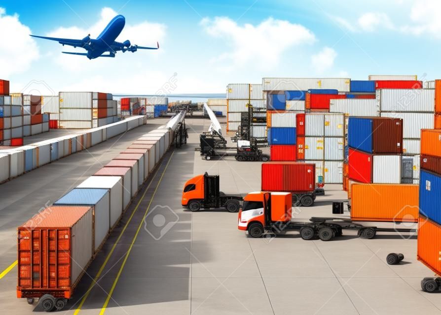 Concetto, aereo, camion e treno di logistica aziendale per il fondo logistico di esportazione-importazione.