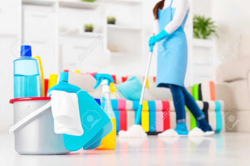 Clean the house concept. A beautiful woman who is cleaning her house by mopping the floor, Cleanliness is important. The front is a cleaning device.