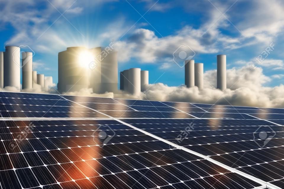 Power plant using renewable solar energy with sun. solar panels with the sunny sky. Blue solar panels. background of photovoltaic modules for renewable energy.