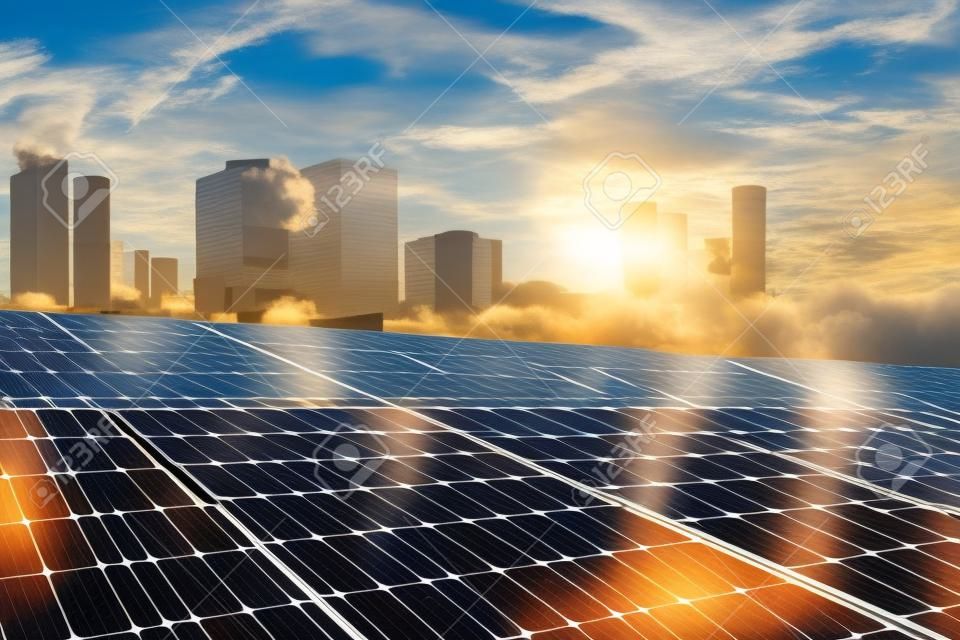 Power plant using renewable solar energy with sun. solar panels with the sunny sky. Blue solar panels. background of photovoltaic modules for renewable energy.