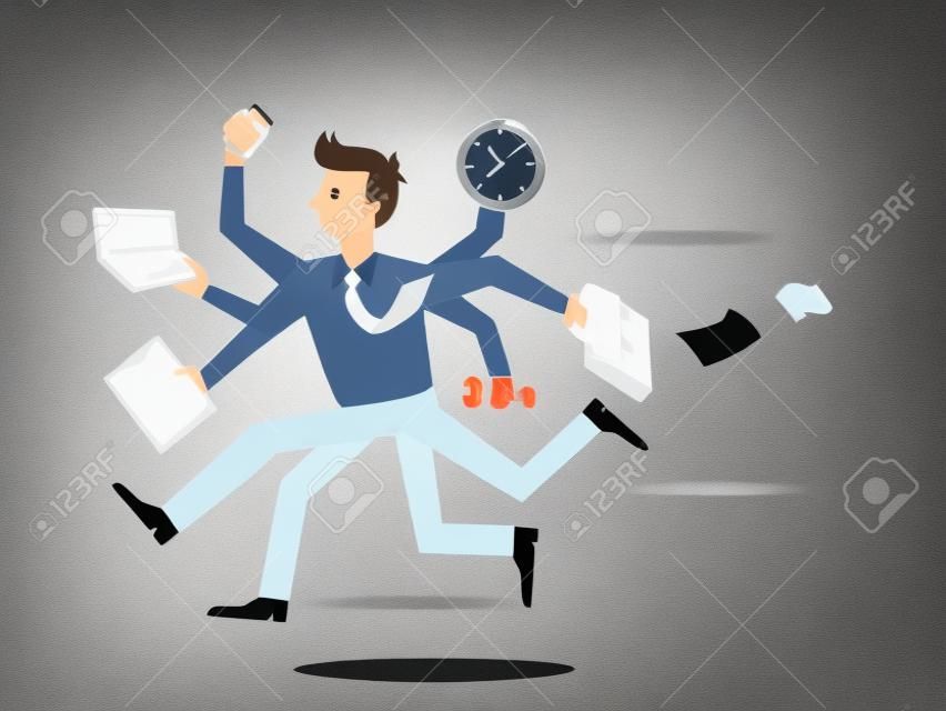 Businessman running in a hurry with many hands holding time, smart phone, laptop, wrench, papernote and briefcase, business concept in very busy or a lot of work to do. 