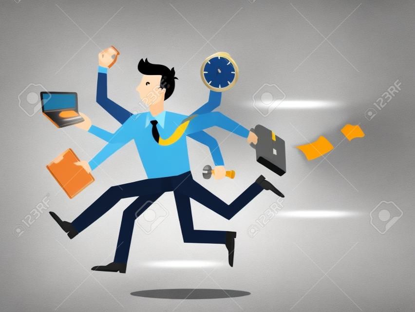 Businessman running in a hurry with many hands holding time, smart phone, laptop, wrench, papernote and briefcase, business concept in very busy or a lot of work to do. 