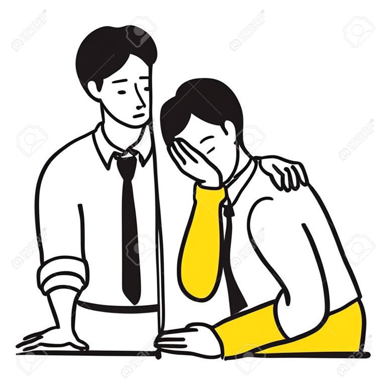 Biznesmen pocieszający swojego przyjaciela lub kolegę z pracy, który jest zestresowany, zdenerwowany i zły, kładąc rękę na ramieniu. Koncepcja partnerstwa, przyjaźni, pocieszenia.