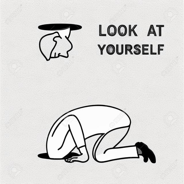 Abstract illustration of man kneel down and looking at a hole to look after something but find himself, concept of look at yourself. Hand drawn sketching, linear, white background, simple color.