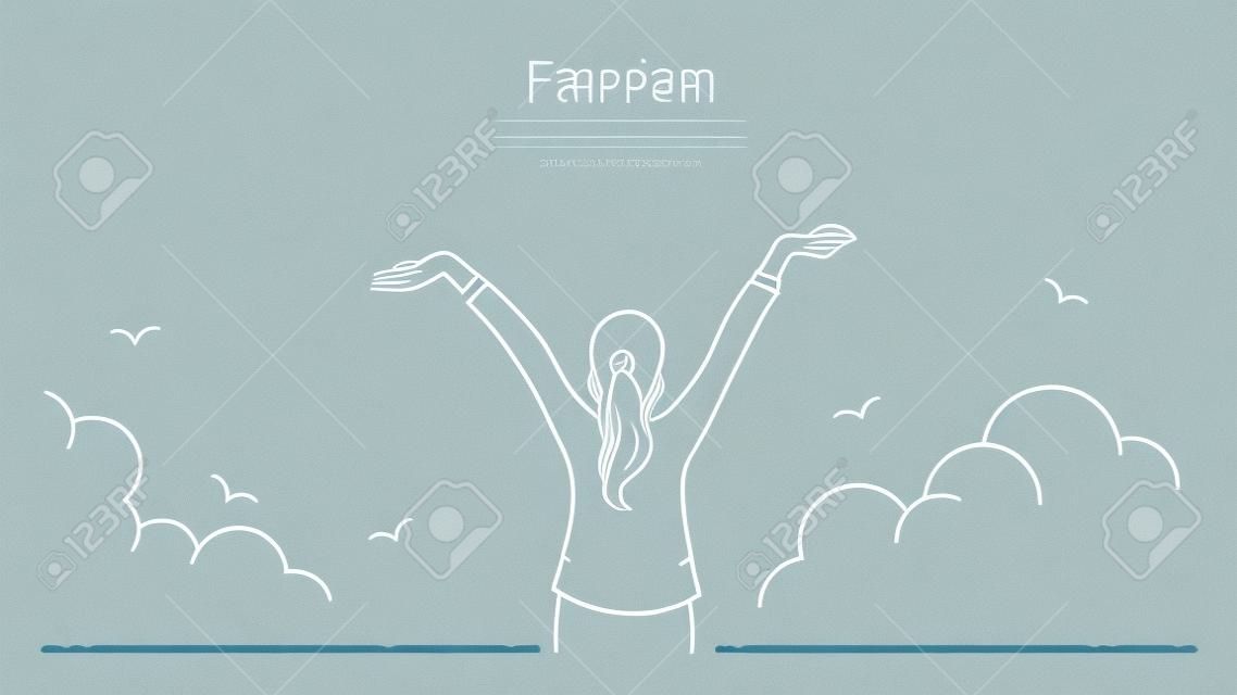 Happy businesswoman standing and stretching two hands towards sky, business concept in freedom, happiness, peaceful. Outline, thin line art, linear, hand drawn sketching design, simple style.