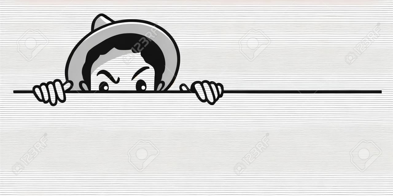 Young detective peeking from behind the wall, isolated on white with blank space. Vector illustration character, outline, linear, thin line art, hand drawn sketch design, simple style.