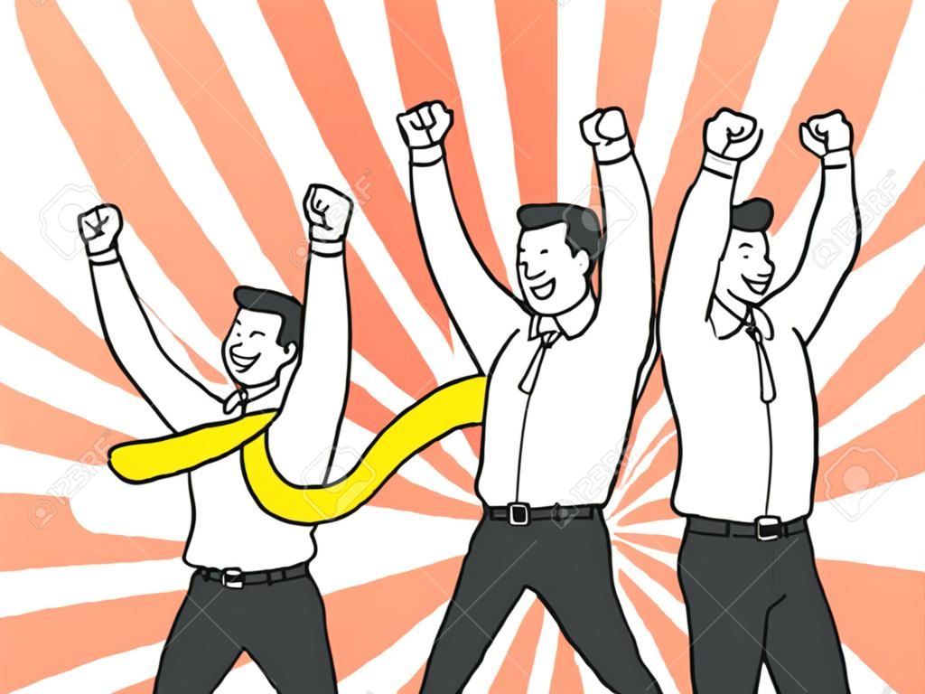 Vector illustration character of businessman, office worker in teamwork, clenched fist raising in the air with cheering happiness expression. Success, winning, happy, celebration, motivation concept. Outline, linear, thin line art design.