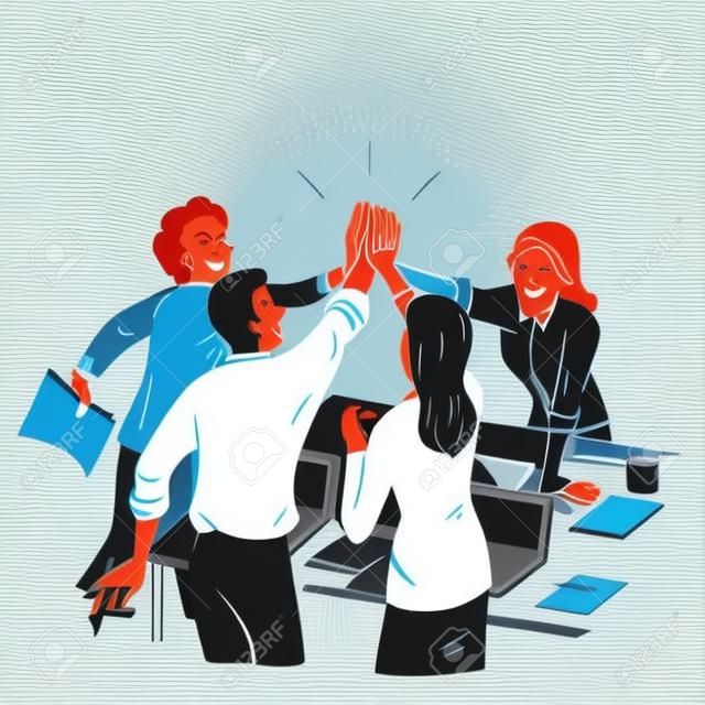 Group of businesspeople, man and woman, giving high five in business concept of corporate, success, congratulation. Outline, linear, thin line art, hand drawn sketch design, simple color style. 