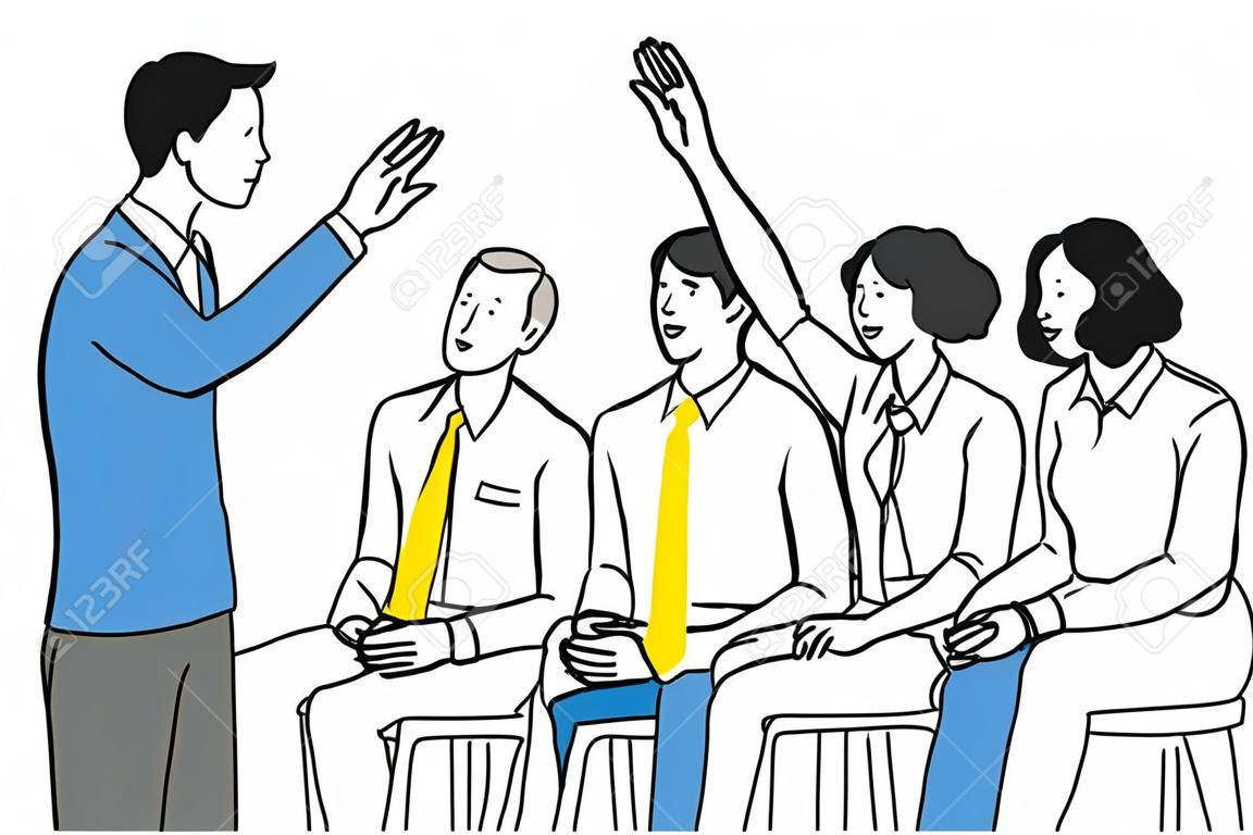 Giovane imprenditore fiducioso, alzando la mano per porre domande in officina o in formazione. Diversità, multietnico. Contorno, lineare, linea sottile arte, disegno schizzo disegnato a mano.
