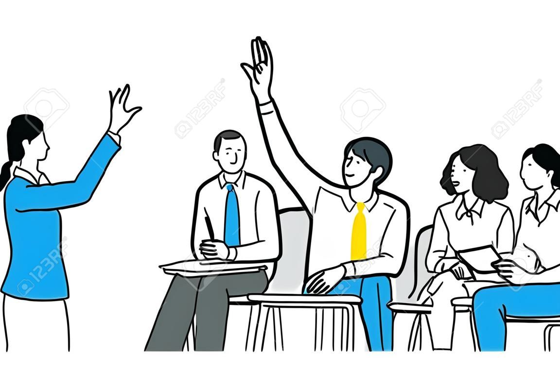 Jeune homme d'affaires confiant, levant la main pour poser une question lors d'un atelier ou d'une formation. Diversité, multiethnique. Contour, linéaire, dessin au trait mince, conception de croquis dessinés à la main.