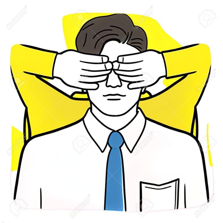 Portrait of young businessman being covered eyes by hands from behind, metaphor to people get blind, not allow to see or to know by someone. Outline, linear, thin line, hand drawn sketch.
