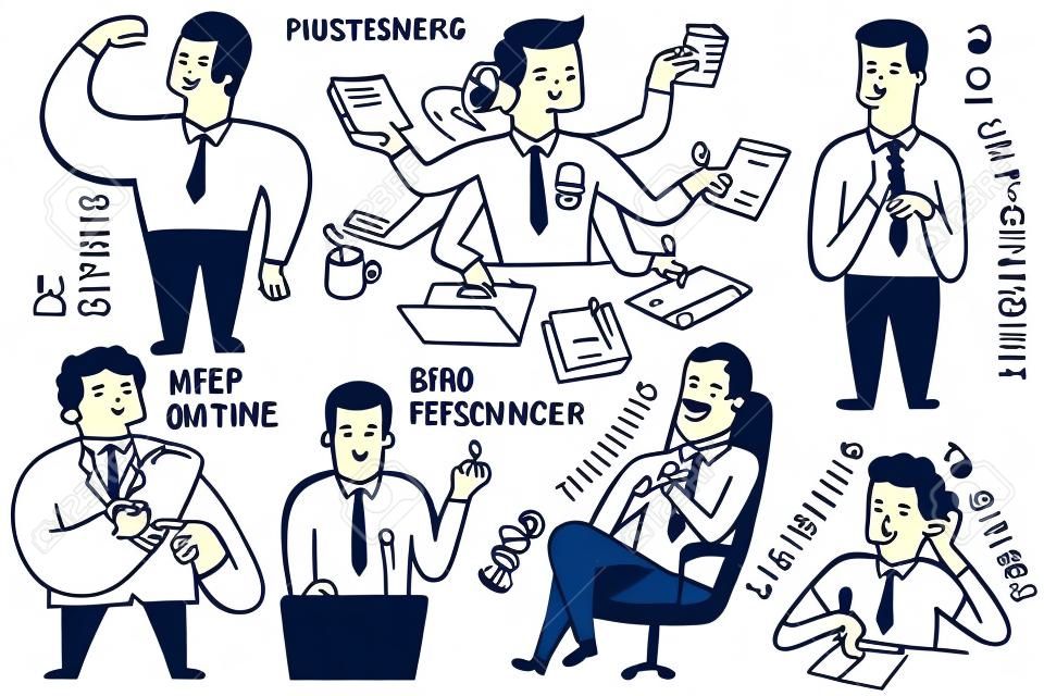 Doodle illustration chacter of businessman in various poses in business concept of being effective at work. To be strong, multitasking, self-confident, listening to others. Cute and funny style, simple design.