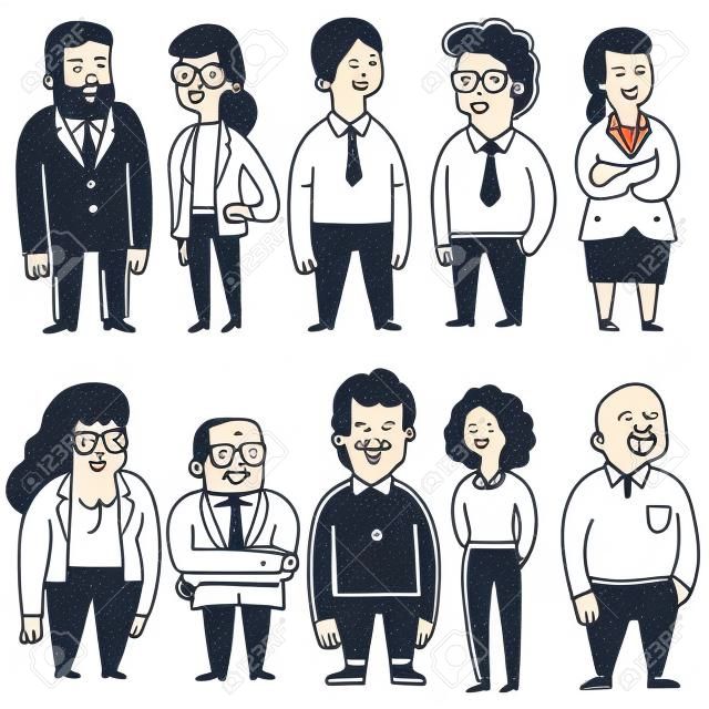 Doodle illustration collection of business people, diversity, full length, full body, multi-ethnic, happy expression. Outline, linear, thin line art, hand drawn sketch design, cute character.