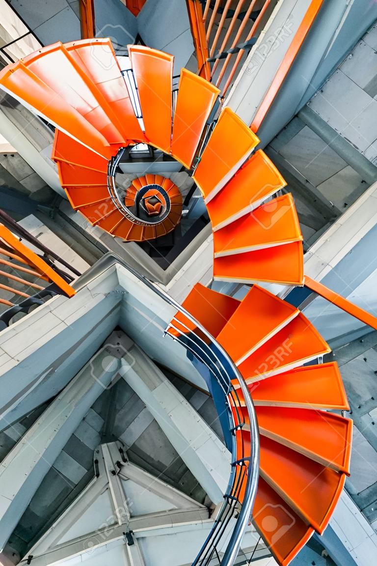 Orange spiral staircase inside the cathedral in Manizales, Colombia