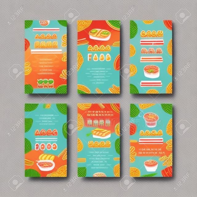 Carte di cibo asiatico disegnato a mano. Schede del menu. Menu di sushi. Invito. Set di doodle asiatico. Volantino asiatico alimentare. Disegno di menu del modello di cibo asiatico. Illustrazione vettoriale.
