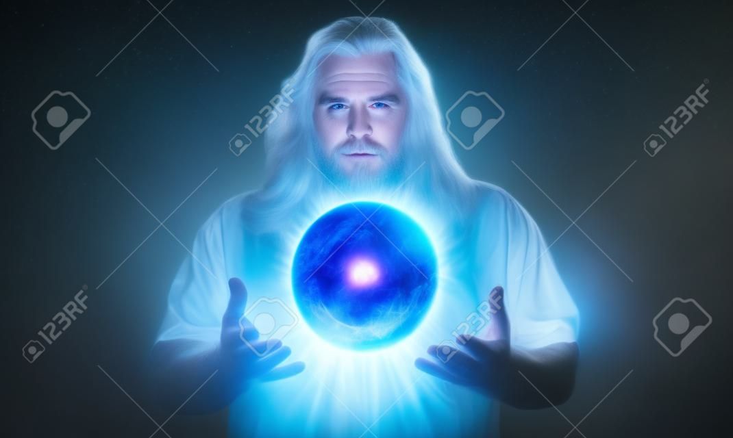 Long haired white male with a mystical glowing orb to signify power, magic, spirituality and so forth
