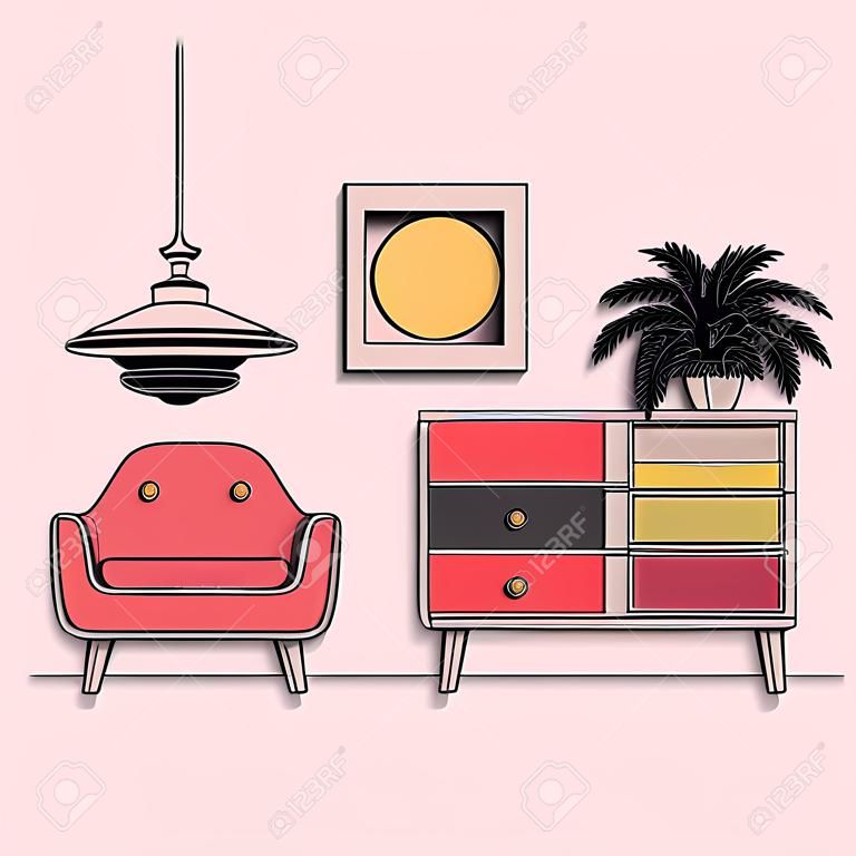 vector furniture living room interior design elements.mid century modern retro style.