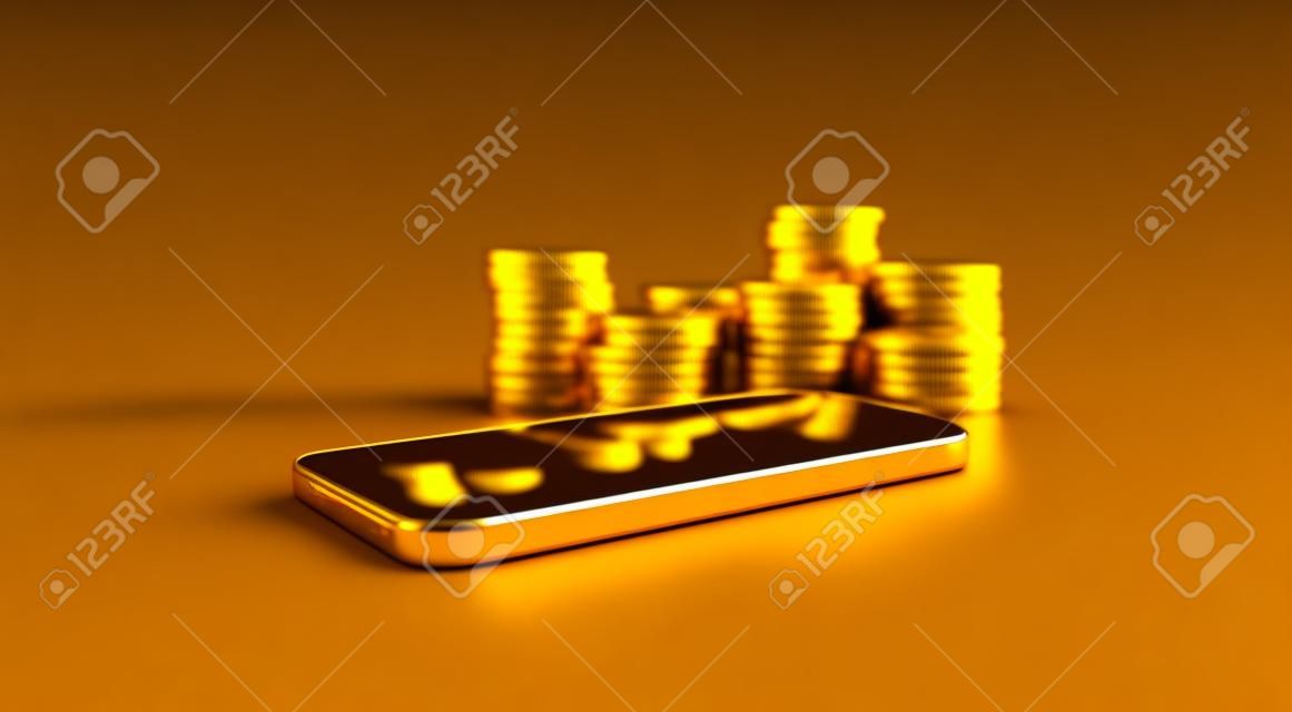 Złota moneta Bitcoina. waluta cyfrowa. koncepcja kryptowaluty. symbol pieniędzy i finansów. telefon komórkowy obok stosów bitcoinów. renderowania 3D.