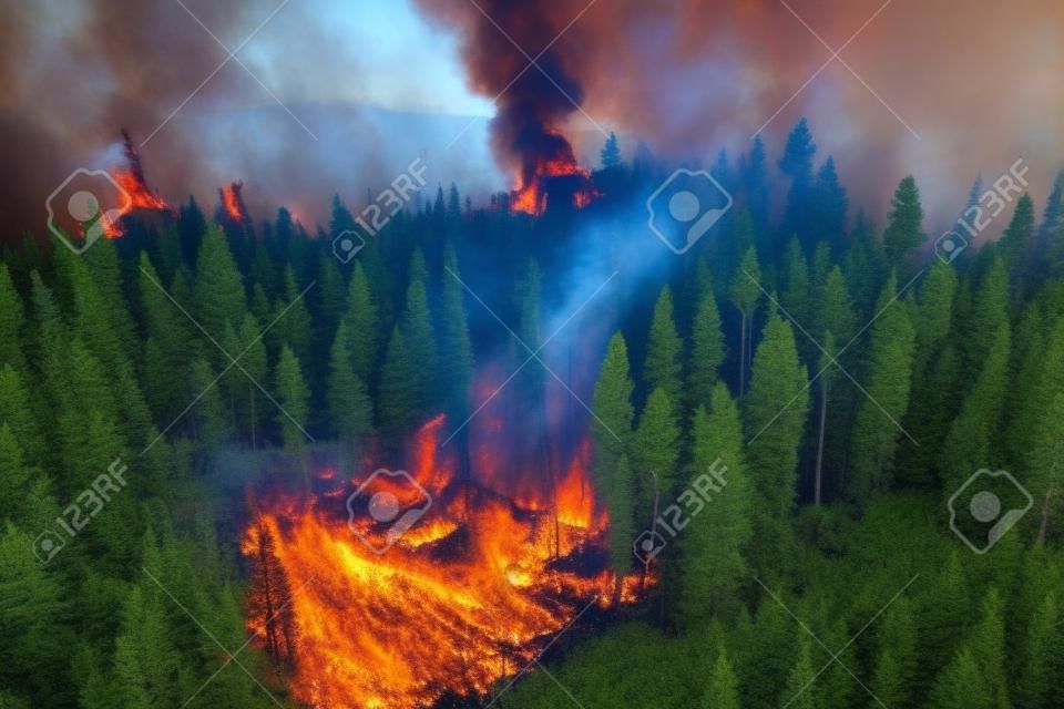 Terrible forest fire in view of drone. Ai generated.