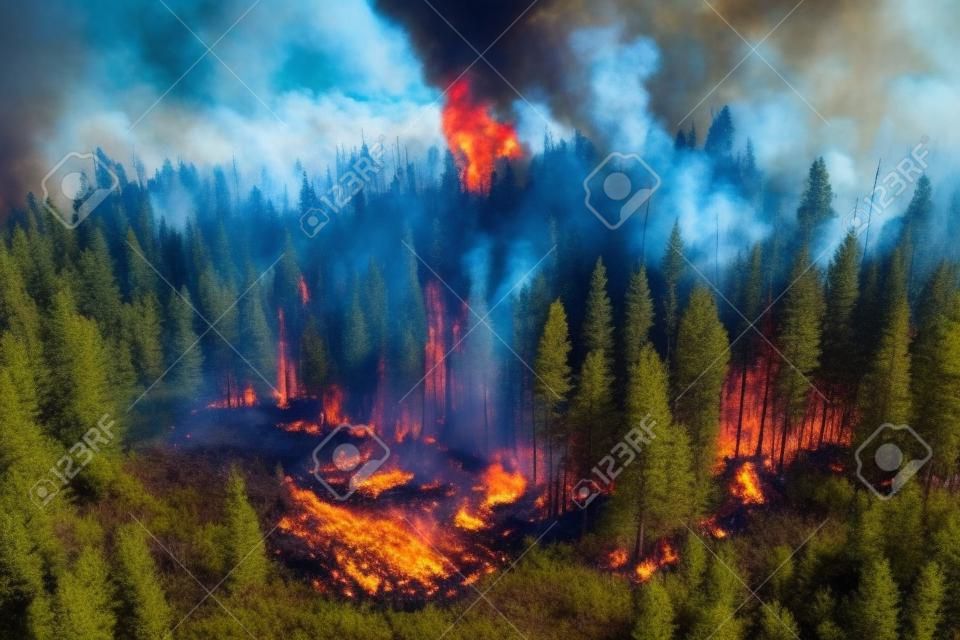 Terrible forest fire in view of drone. Ai generated.