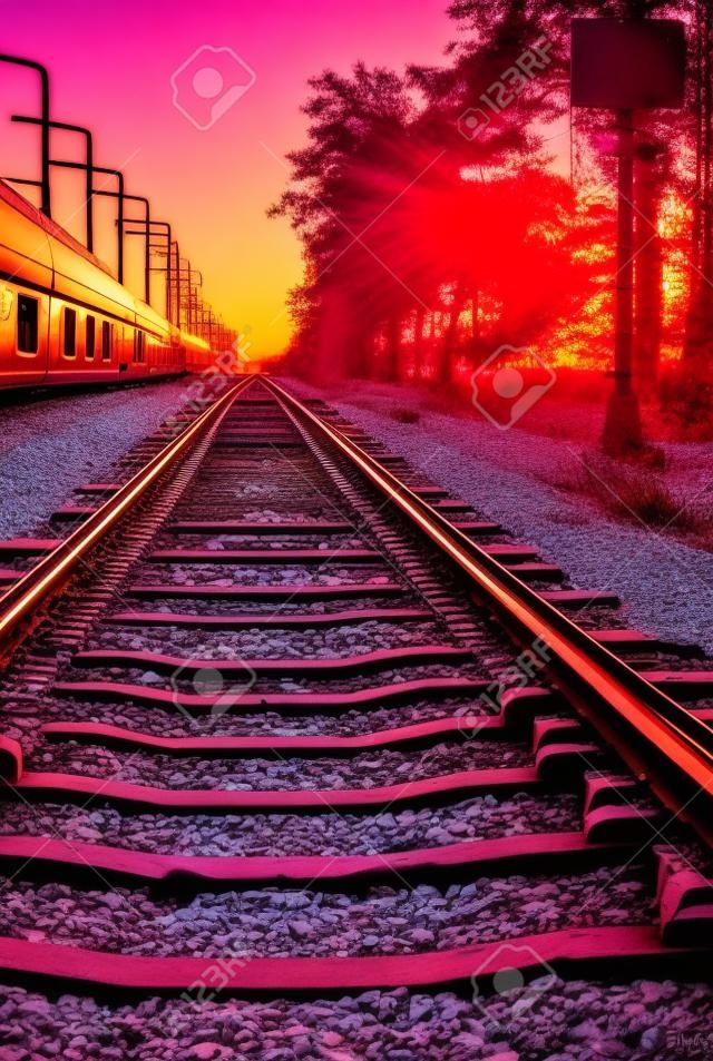 railroad  at sunset scenery and pink sky