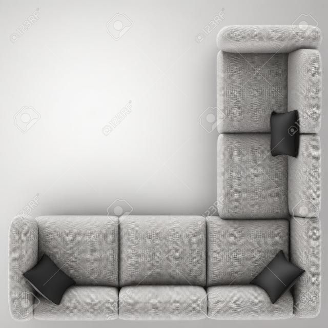 Gray corner sofa with pillows on a white background top view 3d rendering