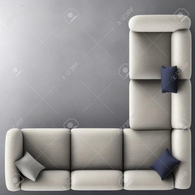 Gray corner sofa with pillows on a white background top view 3d rendering