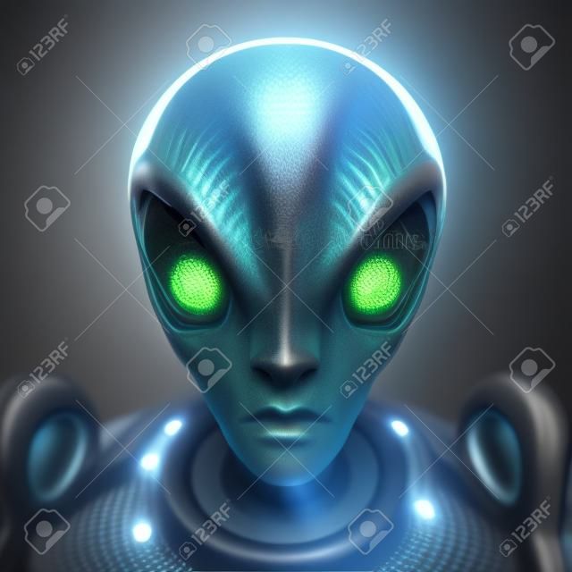 Uma criatura alienígena de uma civilização extraterrestre. Humanóide extraterrestre com olhos grandes. Ilustração 3D Digital.