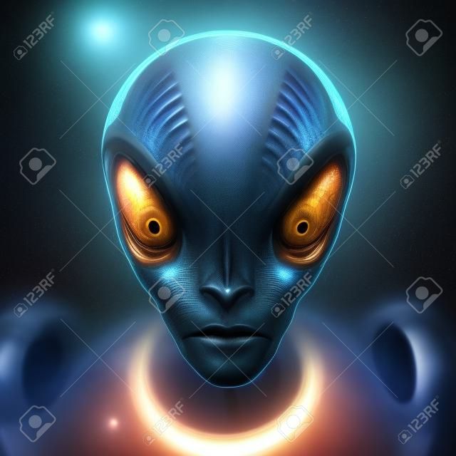 Uma criatura alienígena de uma civilização extraterrestre. Humanóide extraterrestre com olhos grandes. Ilustração 3D Digital.